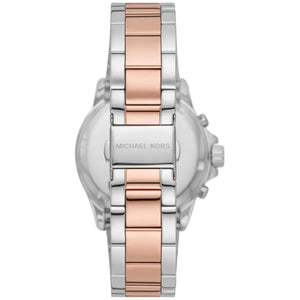 Caseback of Michael Kors Everest MK7214 women's quartz battery watch showing technical specs white dial and two-tone metal bracelet