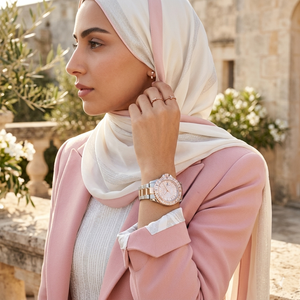 Elegant woman wearing Michael Kors Everest MK7214 women's quartz battery watch with two-tone silver and rose gold case and luxury crystal bezel