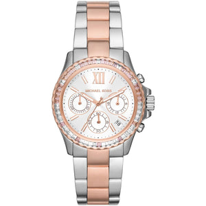 Michael Kors Everest MK7214 women's quartz battery watch with white dial, rose and white baguette crystal bezel, two-tone silver and rose gold bracelet main view