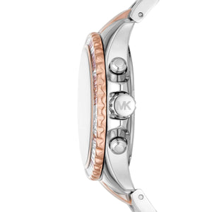 Side profile of Michael Kors Everest MK7214 women's quartz battery watch showing 11mm thickness and two-tone finish