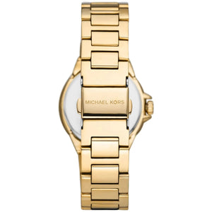 Stainless steel case back view of the Michael Kors MK7255 showing model details and water resistance