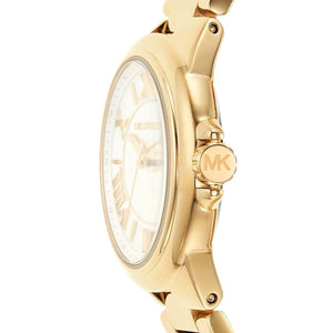 Left side perspective showing the polished gold finish of the round stainless steel case