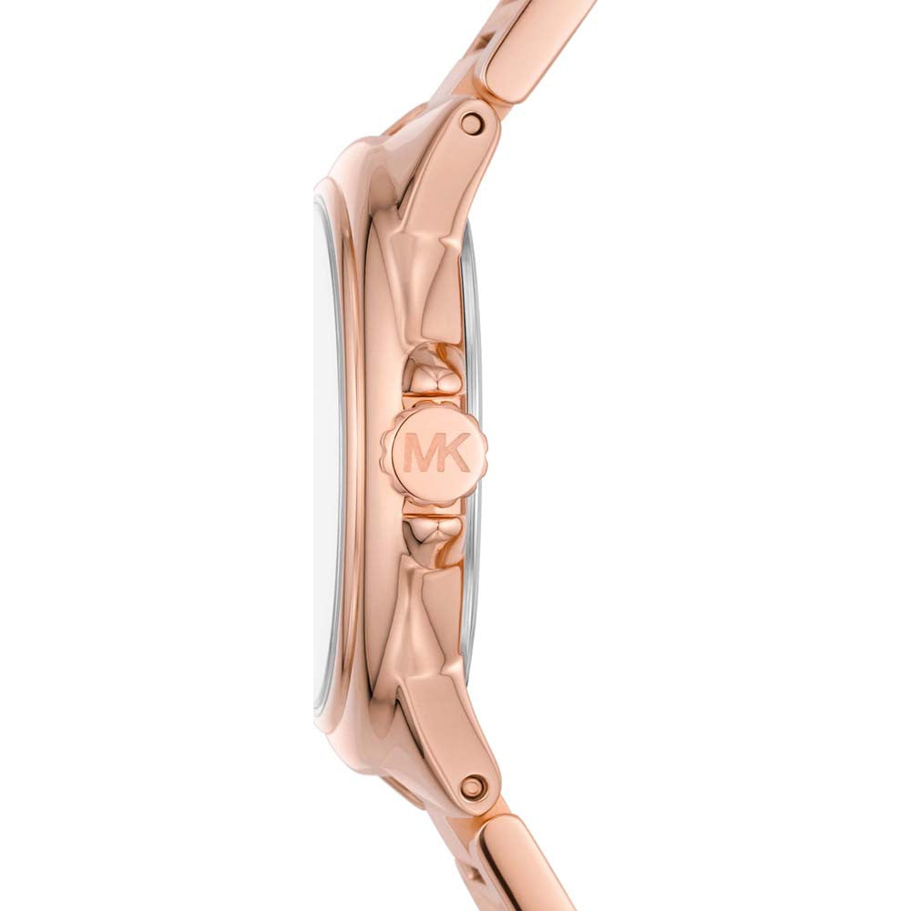 Right side profile view of the 9mm rose gold-tone case showing the MK crown on the Michael Kors MK7256