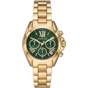 Michael Kors gold-tone chronograph watch with a green dial and matching green subdials, shown on a white background.