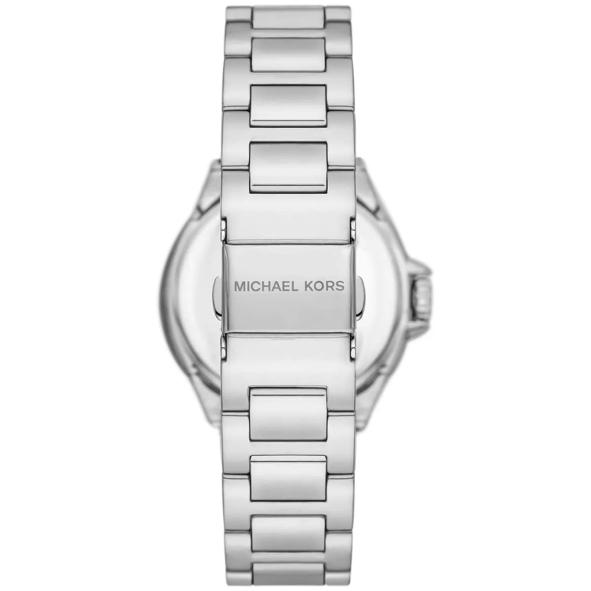 Stainless steel case back view of the Michael Kors MK7259 showing model details and water resistance