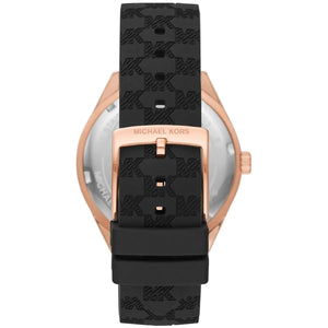 Caseback of Michael Kors Jessa MK7266 women's quartz battery watch showing technical specs black dial and rubber strap