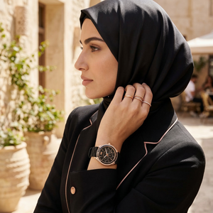 Elegant woman wearing Michael Kors Jessa MK7266 women's quartz battery watch with rose gold-tone case and sporty black rubber strap