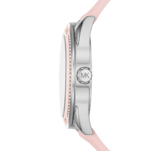 Side profile of the polished silver-tone stainless steel case and crown on the MK7268