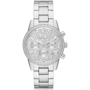 Michael Kors Ritz MK7301 women's chronograph watch - silver pave crystal dial silver steel strap