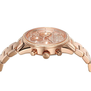 Detailed view of rose gold-tone crown and pushers on Michael Kors Ritz MK7302 women's quartz battery watch with pavé dial