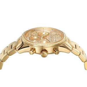 Side profile of Michael Kors Parker MK7310 women's quartz battery watch showing 11mm thickness and gold finish