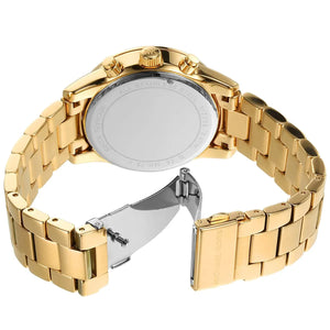 Caseback of Michael Kors Parker MK7310 women's quartz battery watch showing technical specs pavé dial and gold metal bracelet