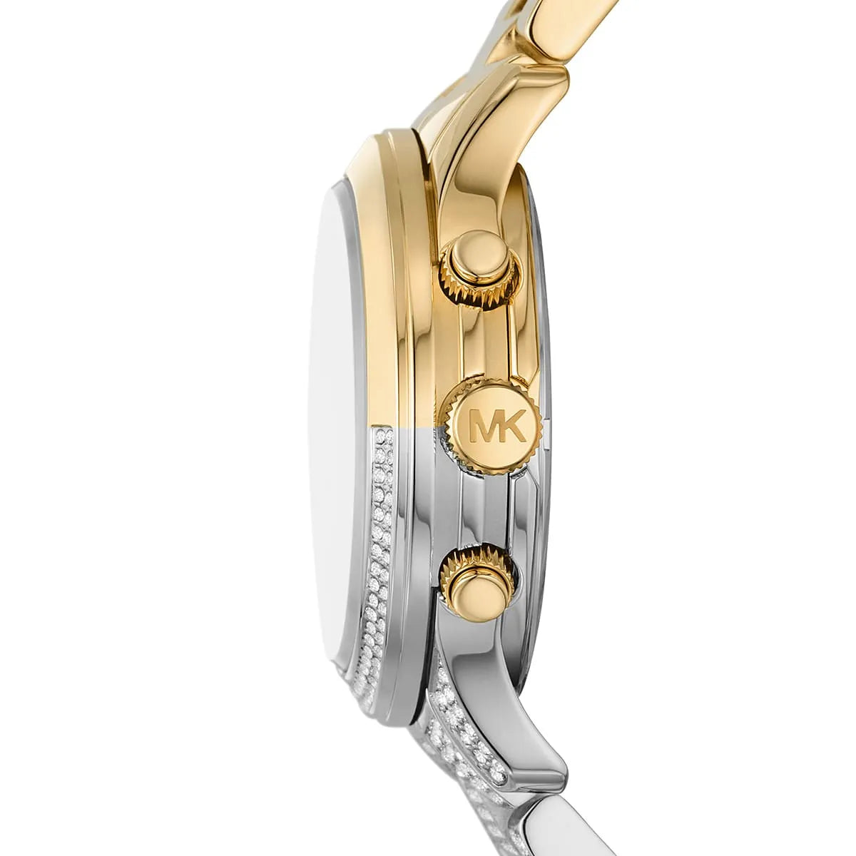Side profile of Michael Kors Runway MK7329 showing 10mm thickness and gold finish with 50m water resistance