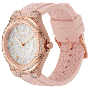 Close-up shot of Michael Kors MK7334 rose gold hands and baguette indices