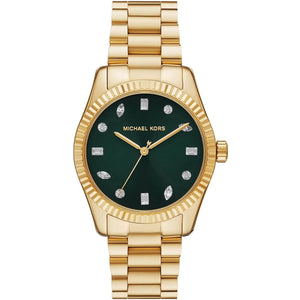 Authentic real-life photo of Michael Kors MK7449 showing actual gold finish and sunray green dial