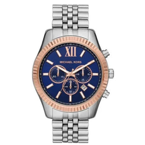 Michael Kors Lexington MK8689 men's quartz battery watch with navy blue dial, rose gold-tone fluted bezel, silver stainless steel bracelet main view