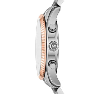 Side profile of Michael Kors Lexington MK8689 men's quartz battery watch showing 12mm thickness and rose gold fluted finish