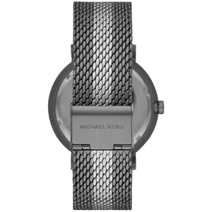 Caseback of Michael Kors Irving MK8805 men's quartz battery watch showing technical specs grey dial and mesh bracelet