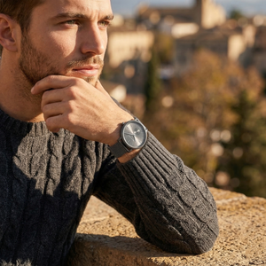 Close up of Michael Kors Irving MK8805 men's quartz battery watch on wrist showing grey sunray dial and grey mesh bracelet