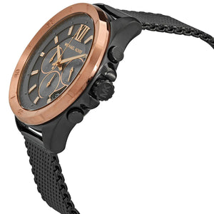 Left angled view of Michael Kors Brecken MK8868 men's quartz battery watch showing grey mesh bracelet and rose gold-tone bezel profile