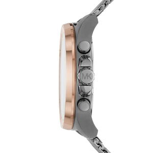 Side profile of Michael Kors Brecken MK8868 men's quartz battery watch showing 11mm thickness and rose gold bezel finish
