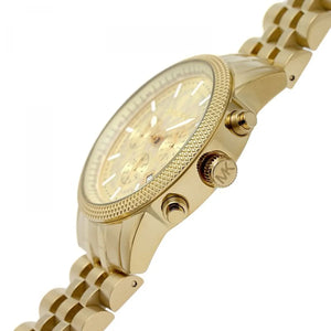 Side profile of the polished gold-tone case, crown, and pushers of the Michael Kors MK8953