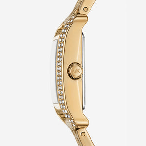 Right side profile view of the 8mm gold-tone case on the Michael Kors Emery MKO1034