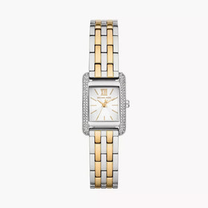 Authentic real-life photo of Michael Kors MKO1035 showing two-tone bracelet and rectangular crystal bezel