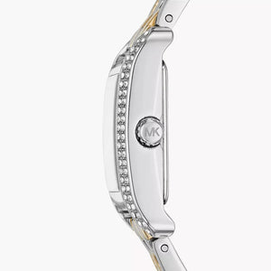 Perspective photo of Michael Kors MKO1035 showing the side profile and mixed metal bracelet finish