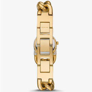 Photo of the gold-tone chain link deployment buckle on the Michael Kors MKO1067