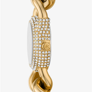 Detail photo of the gold-tone crown on the Michael Kors MKO1067 women's watch