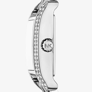 Detail photo of the silver-tone crown on the Michael Kors mko1169 women's watch