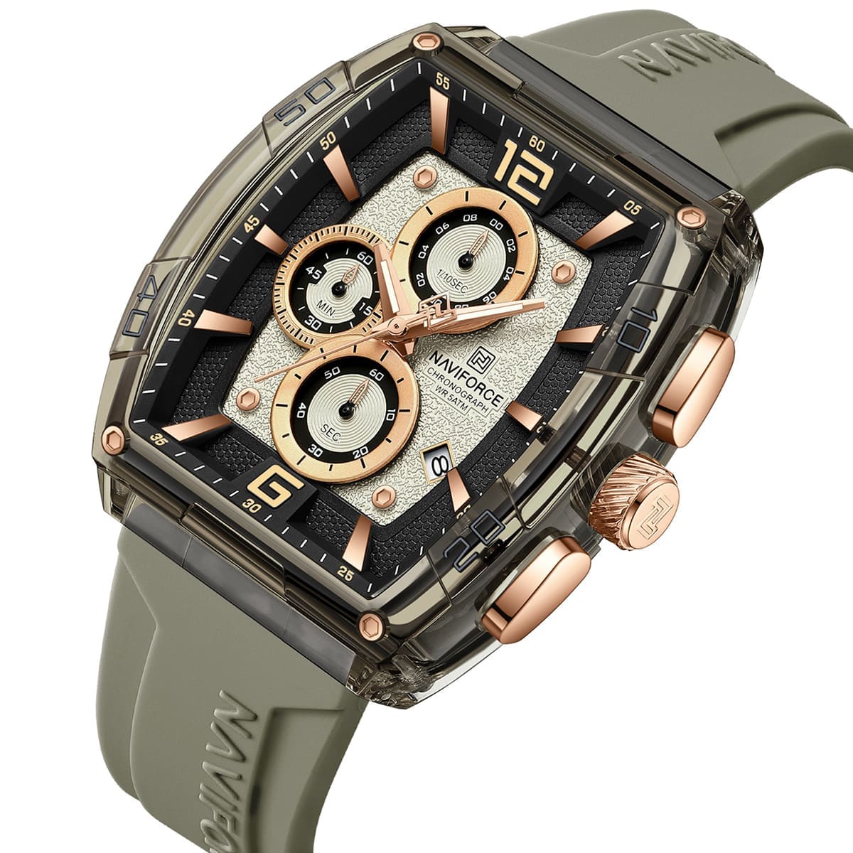 Naviforce NF6101-GY-Y-GY Men's Square Chronograph Watch – Gray Dial & Gray Rubber Strap – view 2