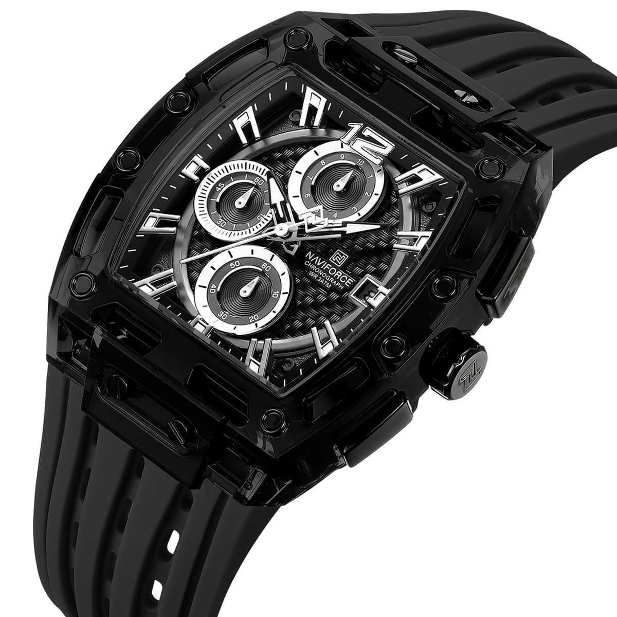Naviforce NF7105-B-B-B Men's Square Chronograph Watch – Black Dial & Black Rubber Strap – view 2