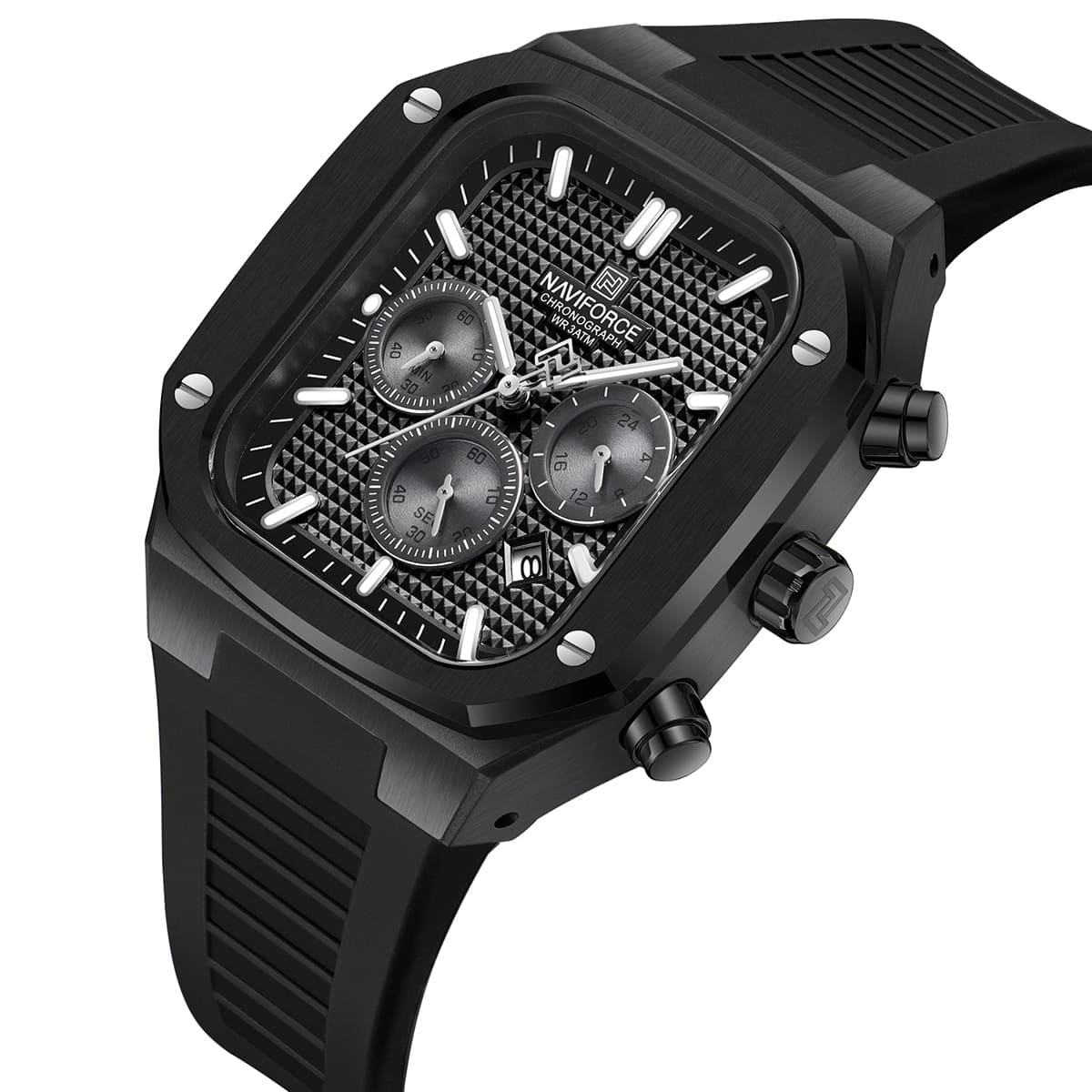 Naviforce NF8037-B-B-B Men's Square Chronograph Watch – Black Case, Black Dial & Rubber Strap – view 2