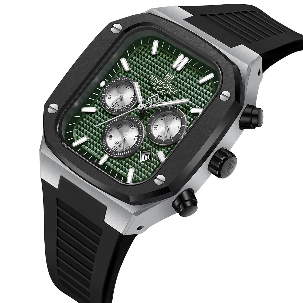 Naviforce NF8037-S-GN-B Men's Square Chronograph Watch – Green Dial & Black Rubber Strap – view 2