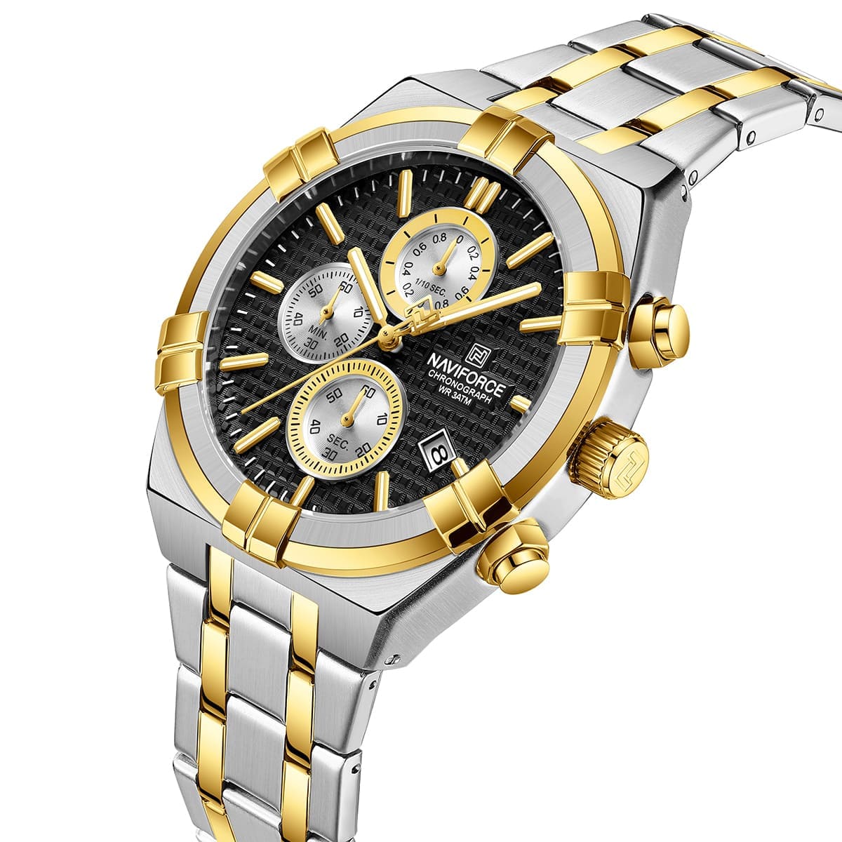 Naviforce NF8042-S-B-G Men's Chronograph Watch – Black Dial & Silver-Gold Two-Tone Strap – view 2
