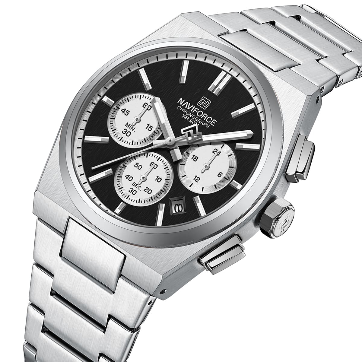 Naviforce NF8048G-S-B-S Men's Chronograph Watch – Black Dial & Silver Steel Strap – view 2