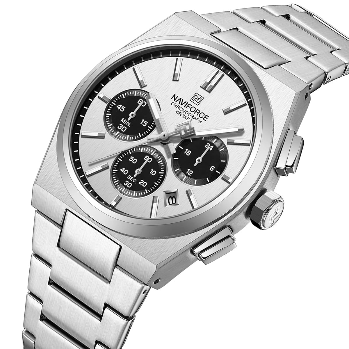 Naviforce NF8048G-S-W-S Men's Chronograph Watch – White Dial & Silver Steel Strap – view 2