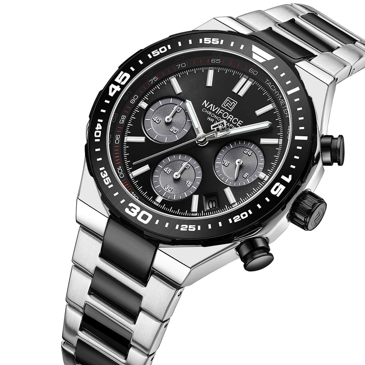 Naviforce NF8049-S-B-B Men's Chronograph Watch – Black Dial & Silver-Black Steel Strap – view 2