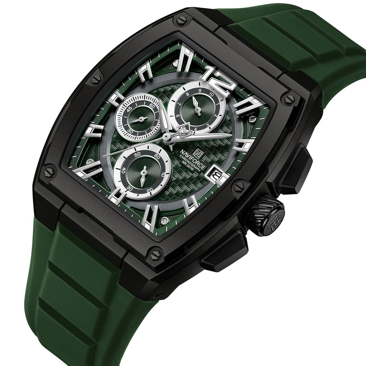Naviforce NF8050-B-GN-GN Men's Square Chronograph Watch – Green Dial & Green Rubber Strap – view 2