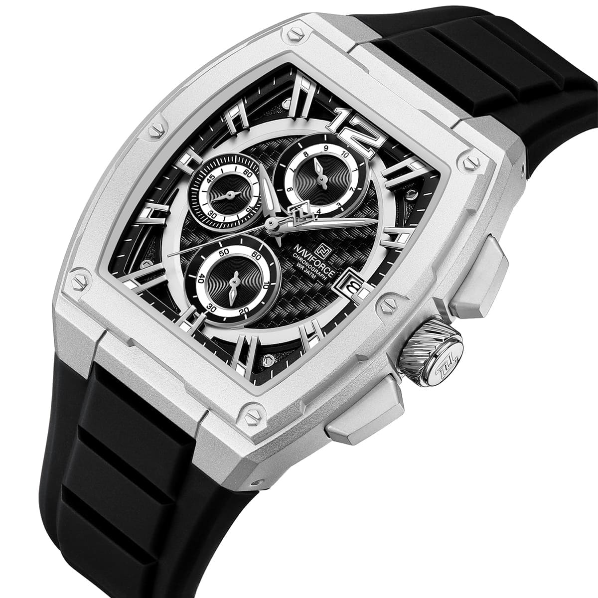Naviforce NF8050-S-B-B Men's Square Chronograph Watch – Black Dial & Black Rubber Strap – view 2