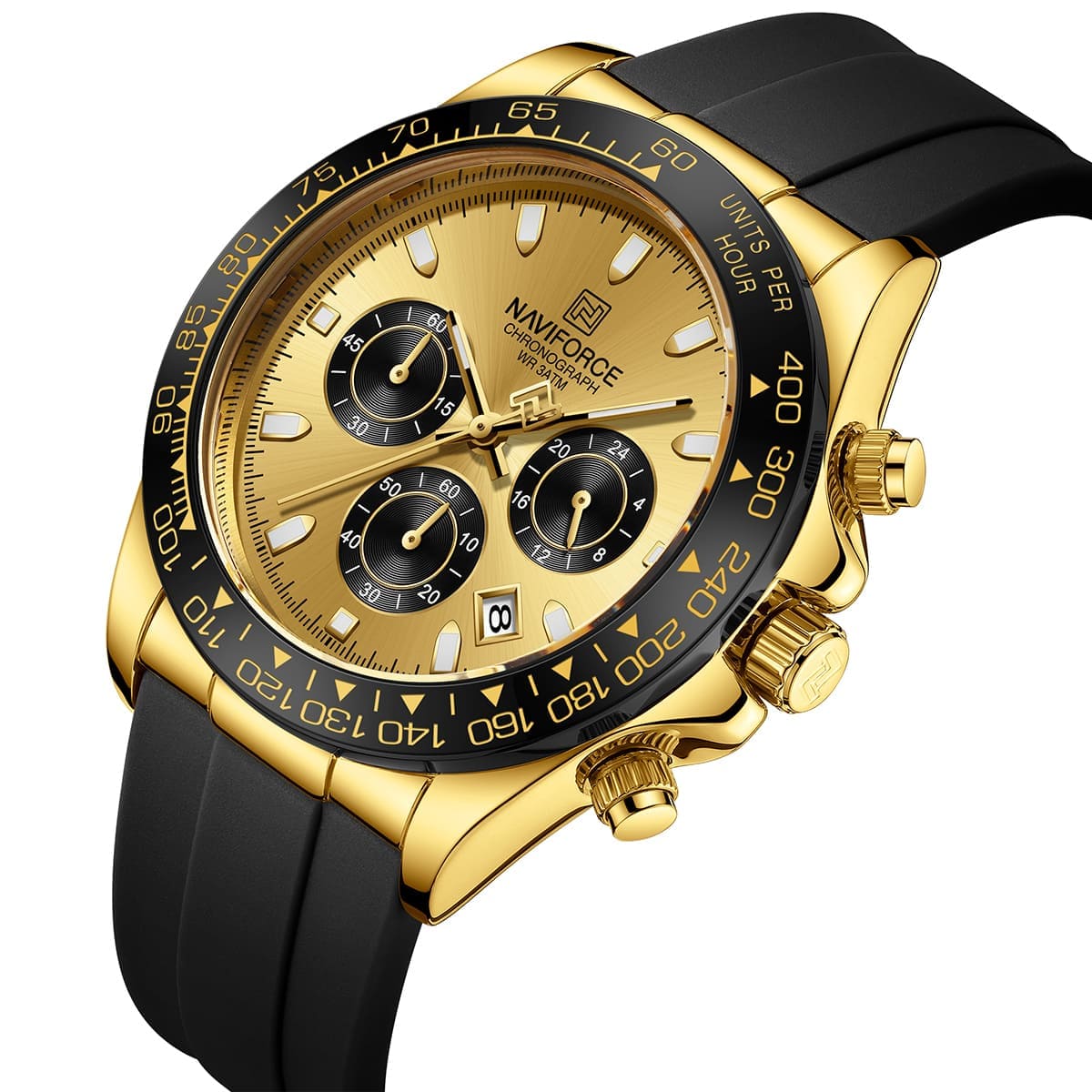 Naviforce NF8054-G-G-B Men's Round Chronograph Watch – Gold Case, Gold Dial & Black Rubber Strap – view 2