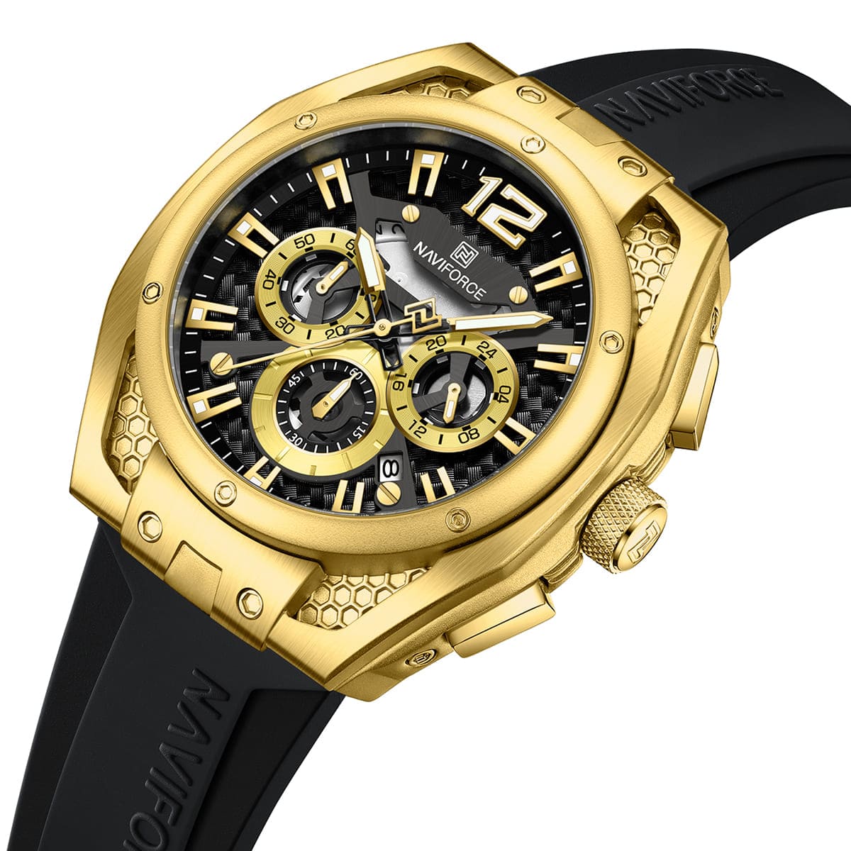 Naviforce NF8063-G-B-B Men's Round Chronograph Watch – Gold Case, Black Dial & Black Rubber Strap – view 2