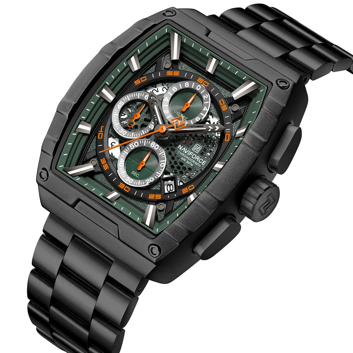 Naviforce NF8066-B-GN-B Men's Square Chronograph Watch – Green Dial & Black Steel Strap – view 2