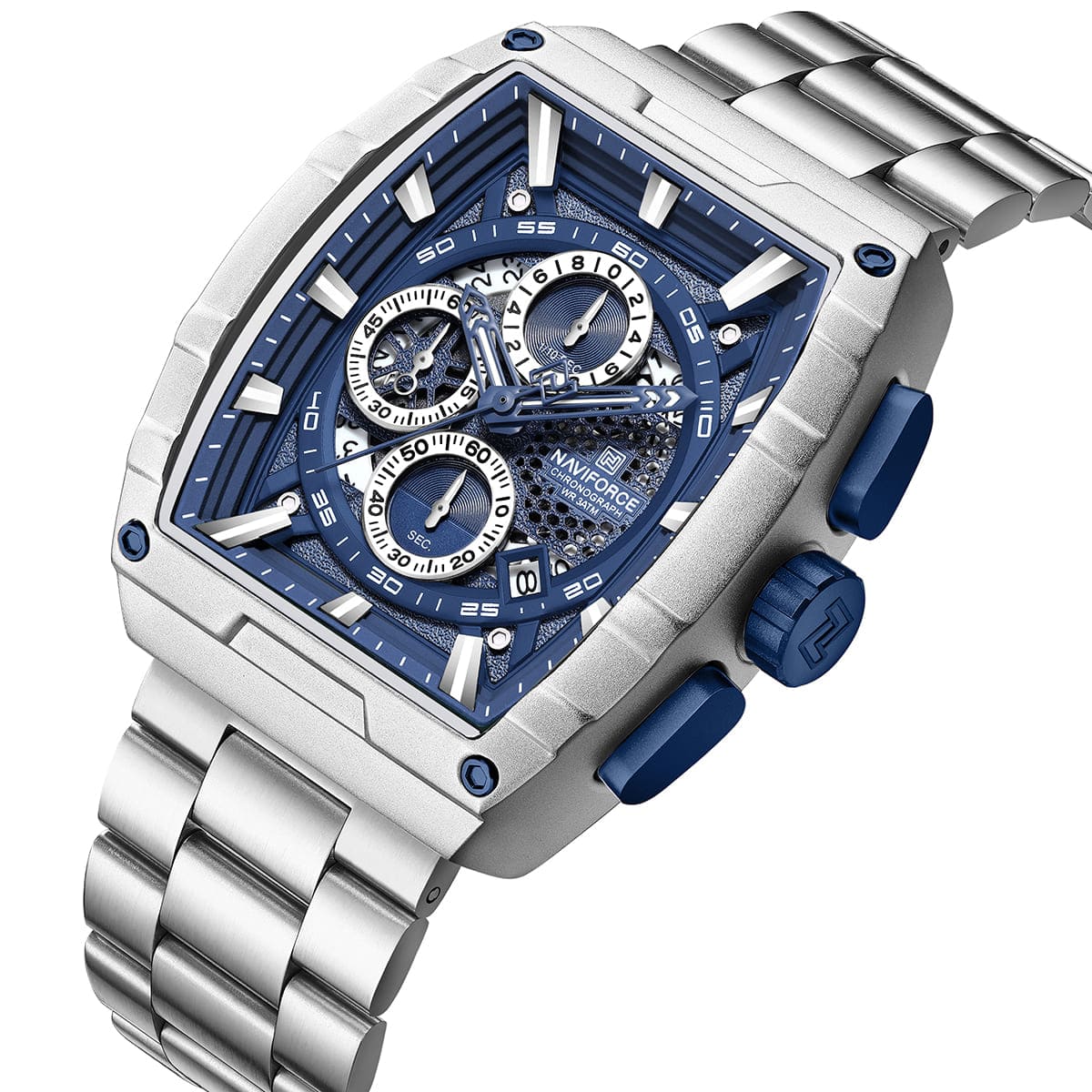 Naviforce NF8066-S-BE-S Men's Square Chronograph Watch – Blue Dial & Silver Steel Strap – view 2