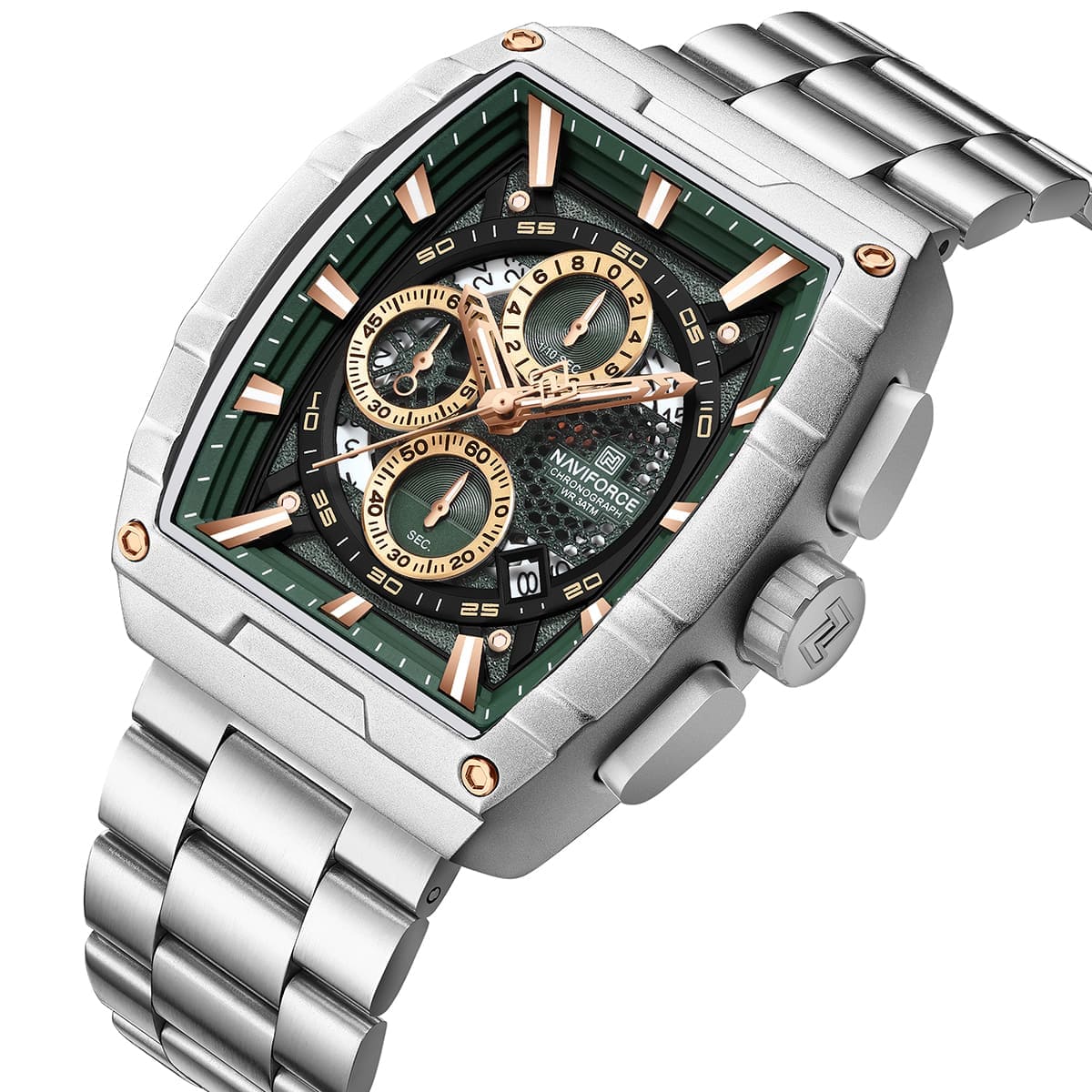Naviforce NF8066-S-GN-S Men's Square Chronograph Watch – Green Dial & Silver Steel Strap – view 2