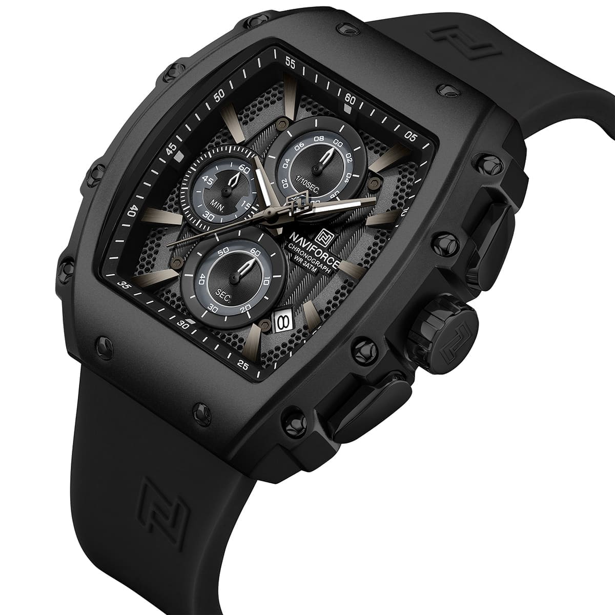 Naviforce NF8070-B-B-B Men's Square Chronograph Watch – Black Dial & Black Rubber Strap – view 2