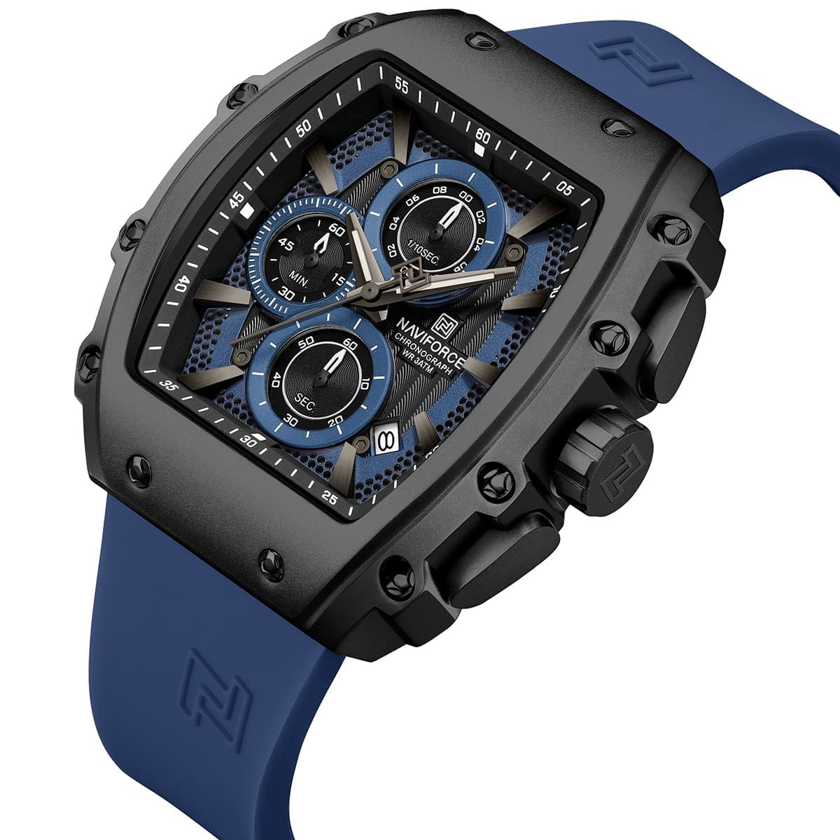 Naviforce NF8070-B-BE-BE Men's Square Chronograph Watch – Blue Dial & Blue Rubber Strap – view 2