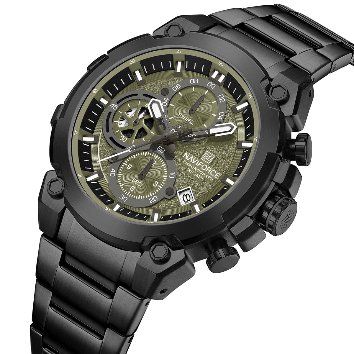 Naviforce NF8071-B-GN-B Men's Chronograph Watch – Green Dial & Black Steel Strap – view 2